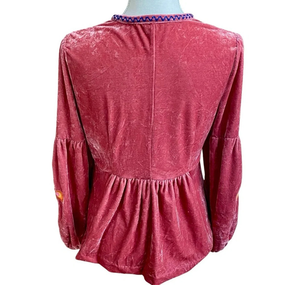 Floryday Blush Pink Velvet Embroidered Blouse Medium | Boho Tassel Tie Top - Picture 13 of 15